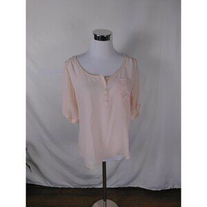 Love Squared Blouse Womens Medium Lace Sheer Top Button Front Pocket Romantic